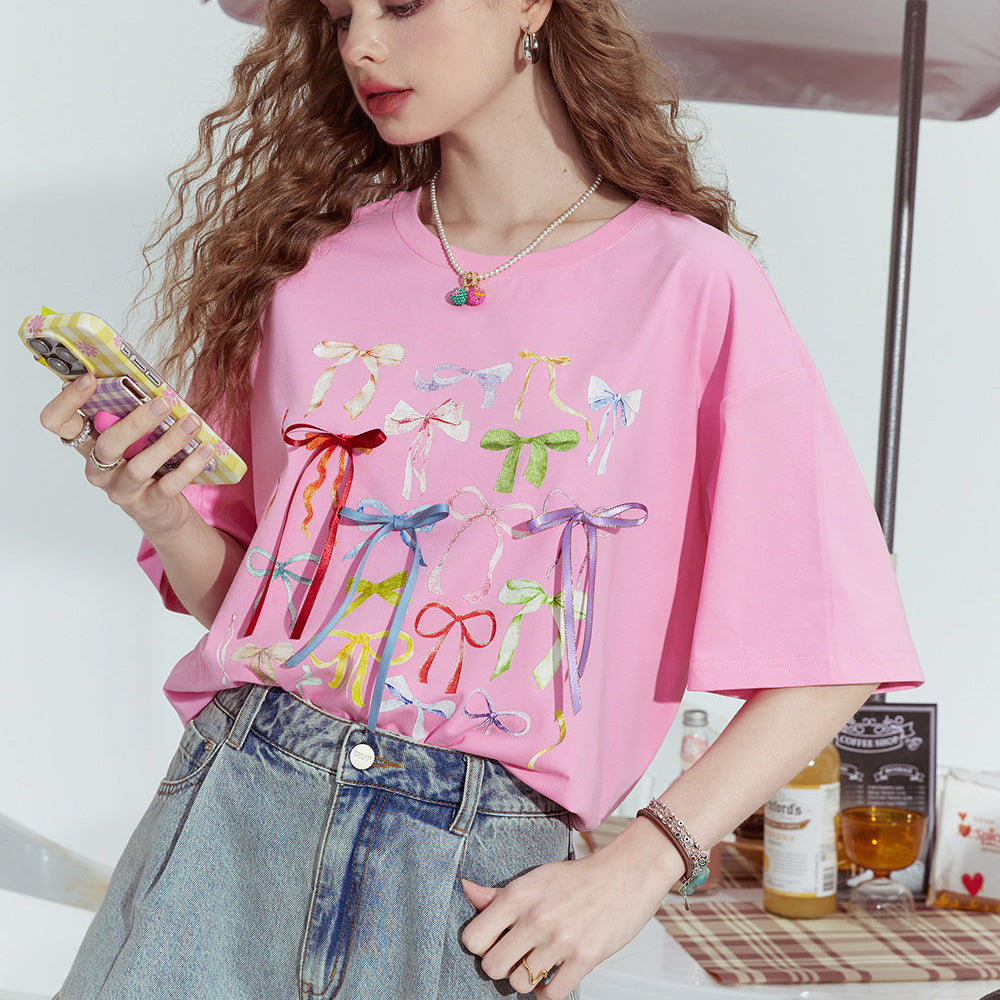 
                  
                    ELFSACK 2024 Summer New Bowknot ribbon print niche slim all-match short-sleeved T-shirt for women
                  
                