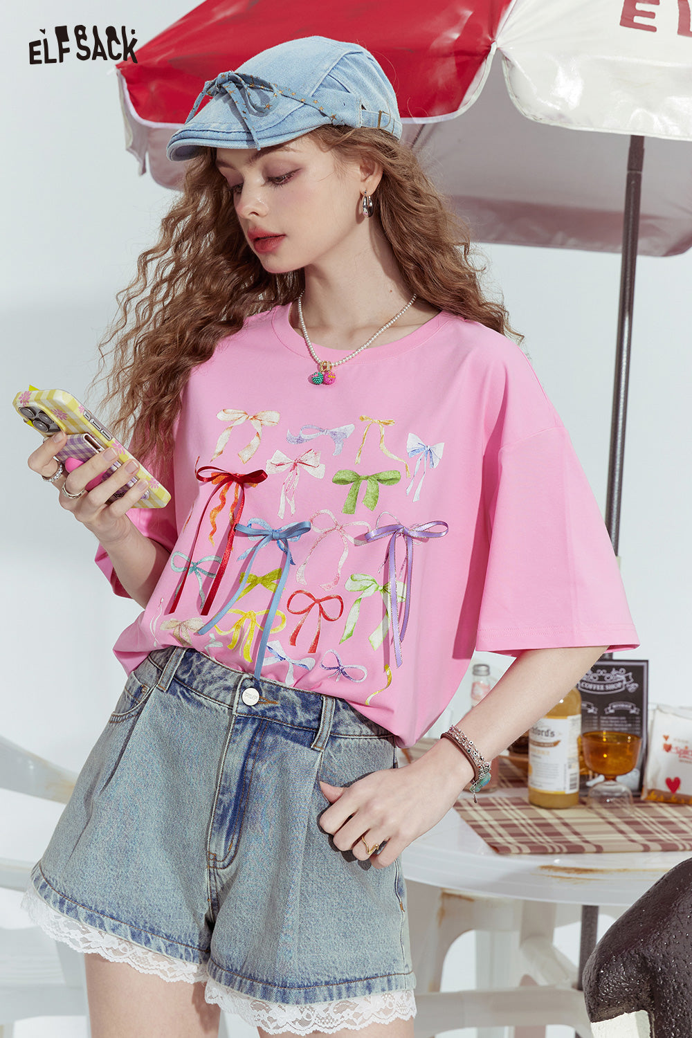 ELFSACK Bowknot ribbon print niche slim all-match short-sleeved T-shirt