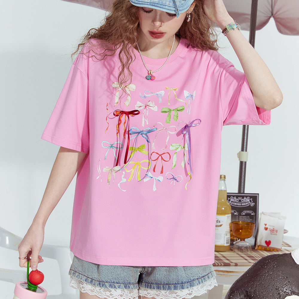 
                  
                    ELFSACK 2024 Summer New Bowknot ribbon print niche slim all-match short-sleeved T-shirt for women
                  
                