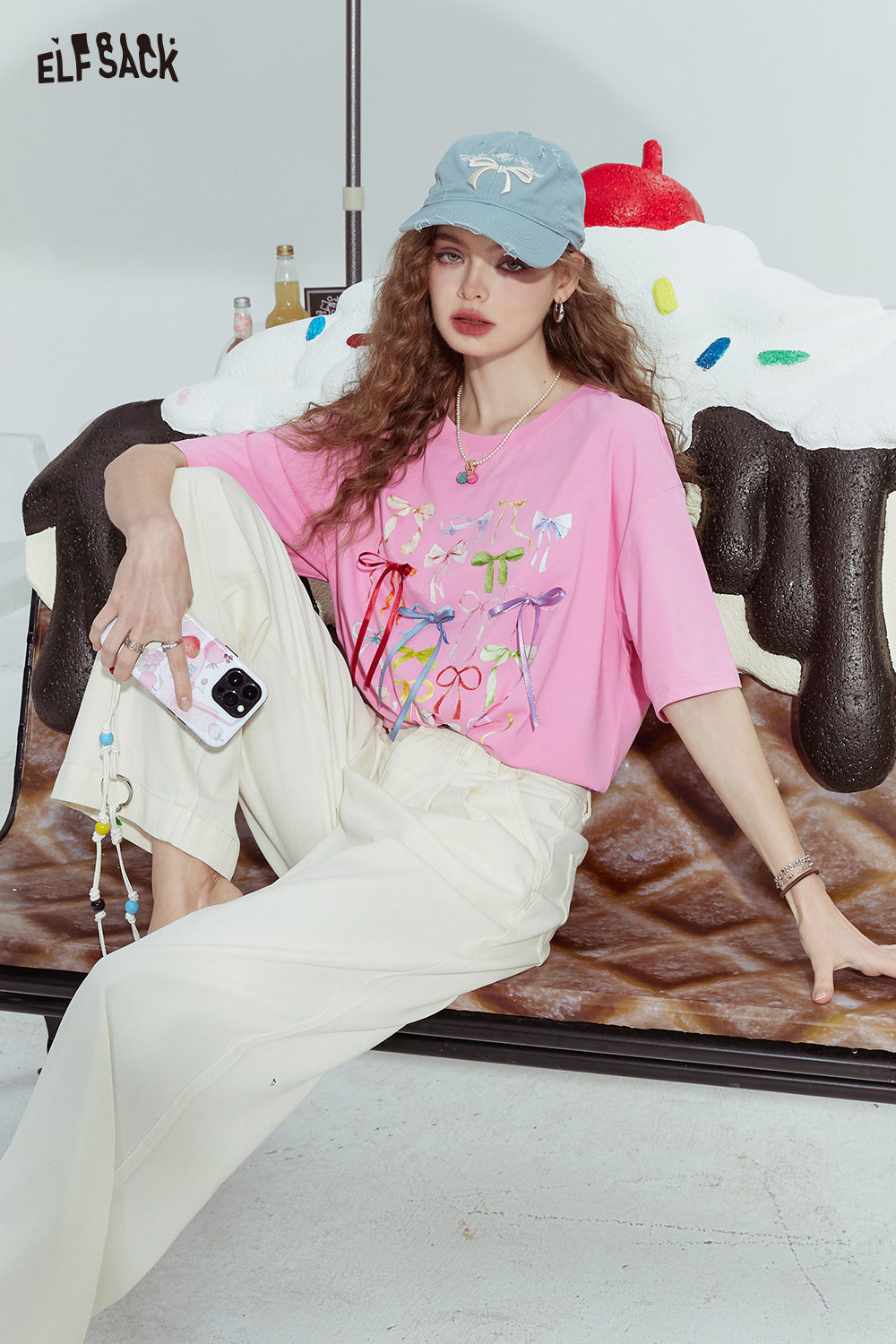 ELFSACK Bowknot ribbon print niche slim all-match short-sleeved T-shirt