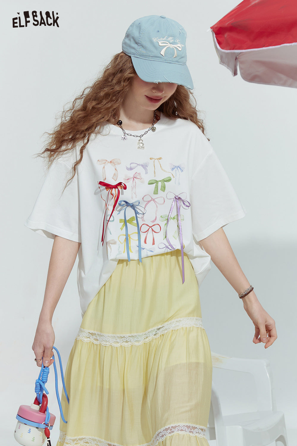 ELFSACK Bowknot ribbon print niche slim all-match short-sleeved T-shirt