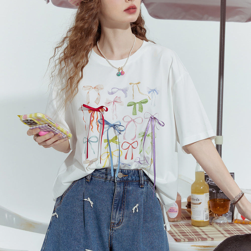 
                  
                    ELFSACK 2024 Summer New Bowknot ribbon print niche slim all-match short-sleeved T-shirt for women
                  
                