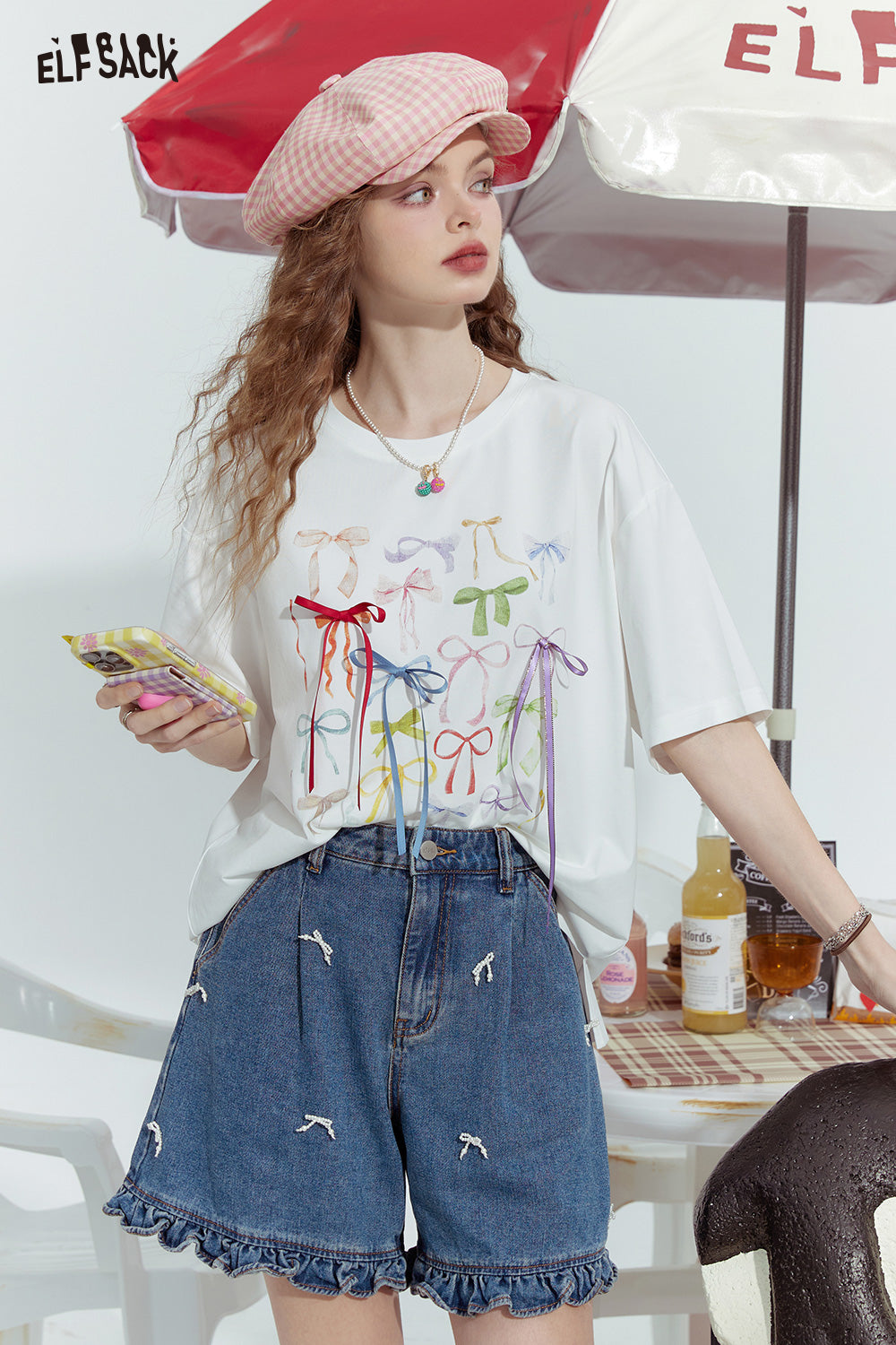 ELFSACK Bowknot ribbon print niche slim all-match short-sleeved T-shirt