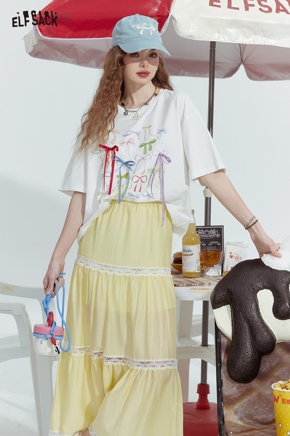 ELFSACK Bowknot ribbon print niche slim all-match short-sleeved T-shirt