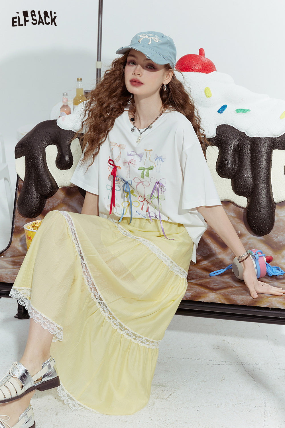 ELFSACK Bowknot ribbon print niche slim all-match short-sleeved T-shirt