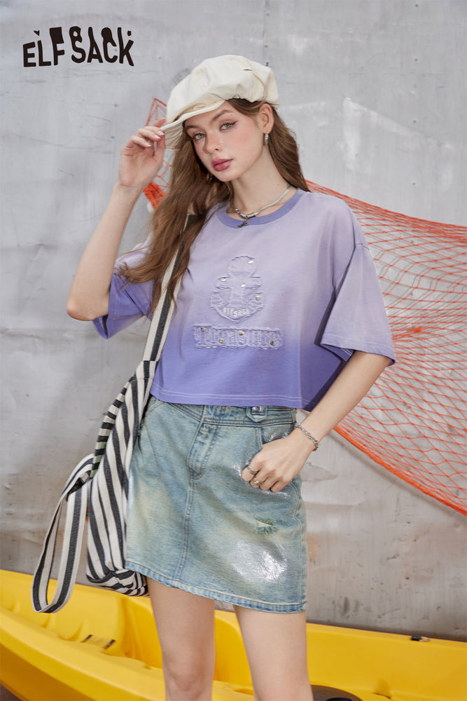 
                  
                    ELFSACK 2024 Summer New Arrivals Pink gradient rivet short sleeved T-shirt women's loose pure cotton short top
                  
                