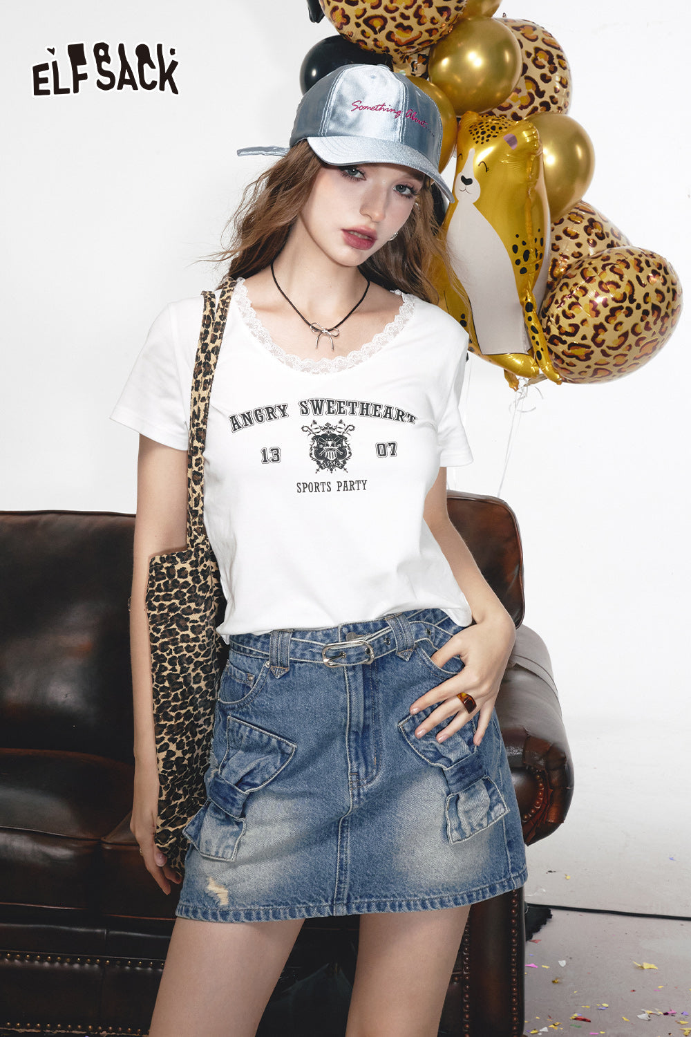 
                  
                    2024 Summer ELFSACK New Arrivals White letter print lace round neck stitching sweet versatile unique short-sleeved T-shirt for women
                  
                