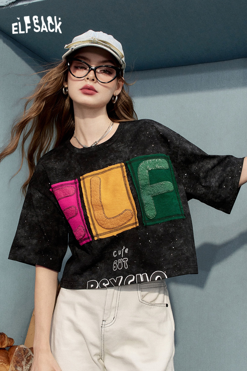 2024 Summer ELFSACK New Arrivals Contrast color letter design black casual style short-sleeved T-shirt for women