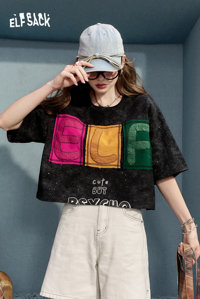 
                  
                    2024 Summer ELFSACK New Arrivals Contrast color letter design black casual style short-sleeved T-shirt for women
                  
                