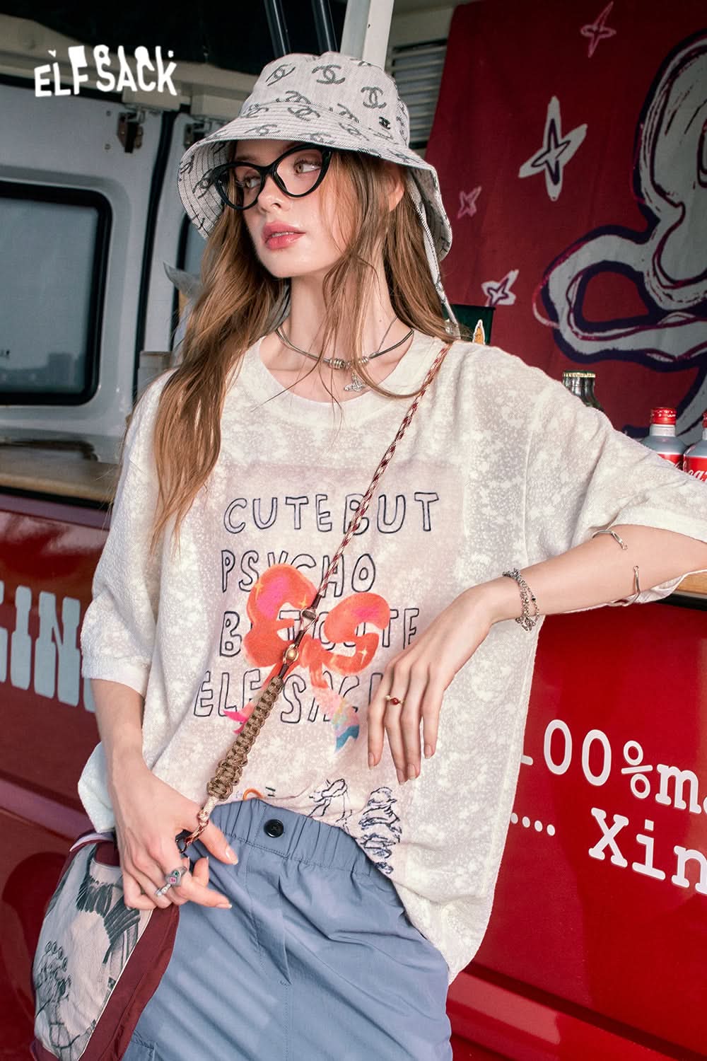 ELFSACK White round neck lace letter print loose slim all-match short-sleeved T-shirt