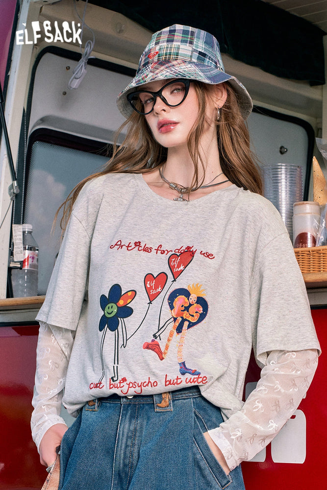 
                  
                    2024 Summer ELFSACK New Arrivals White fake two-piece gentle style loose balloon print lace stitching long-sleeved T-shirt for women
                  
                