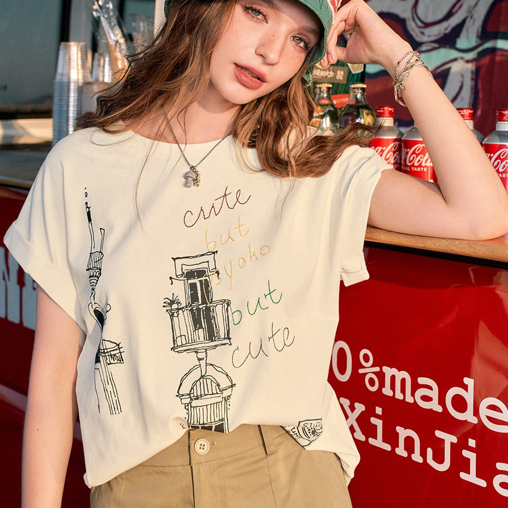 
                  
                    2024 Summer ELFSACK New Arrivals White sweet contrast color letter round neck embroidery casual versatile loose short-sleeved T-shirt for women
                  
                