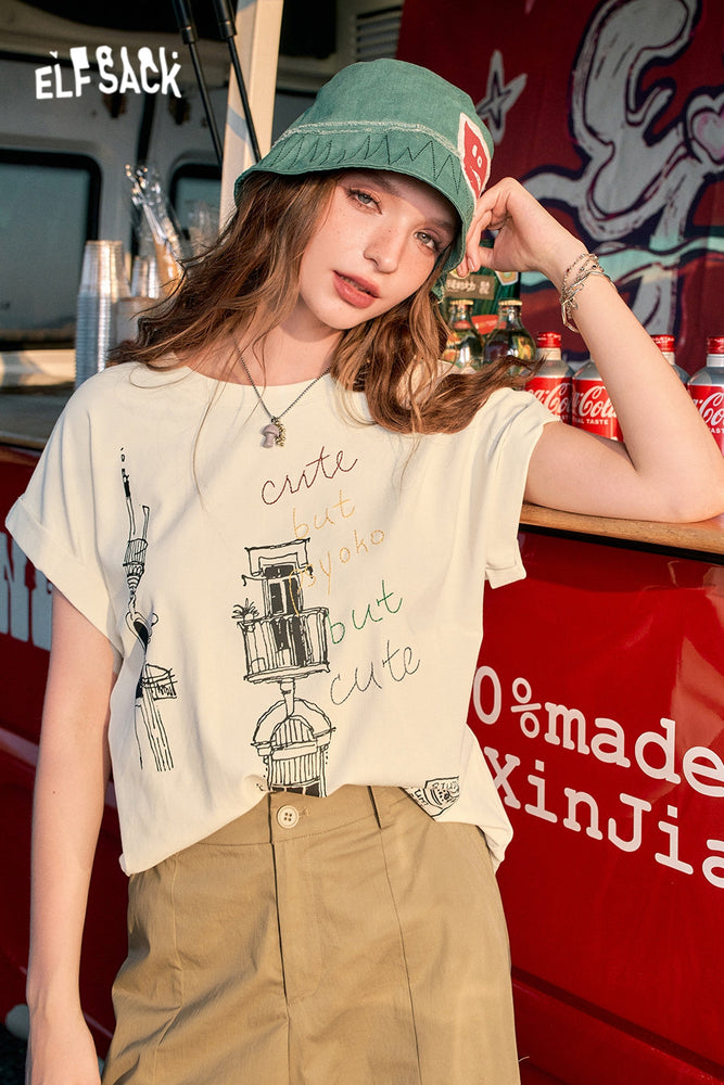 
                  
                    2024 Summer ELFSACK New Arrivals White sweet contrast color letter round neck embroidery casual versatile loose short-sleeved T-shirt for women
                  
                