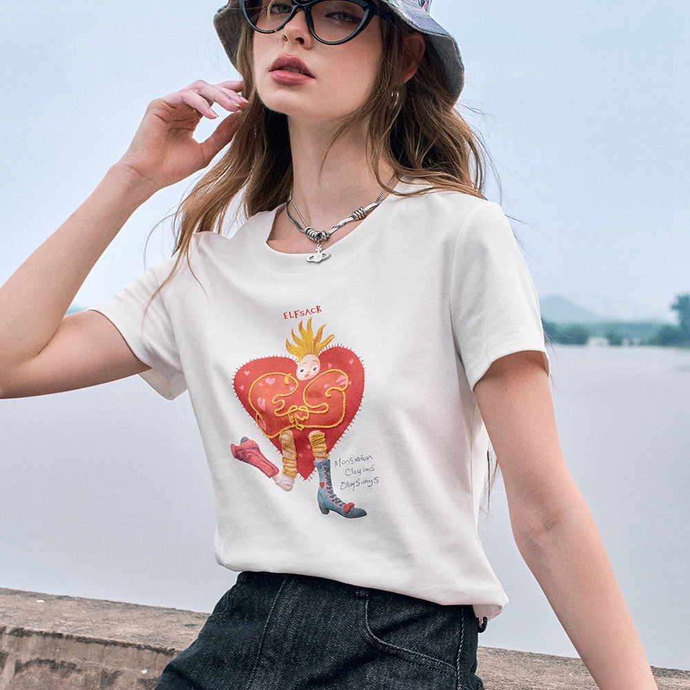 
                  
                    2024 Summer ELFSACK New Arrivals White printed straight shoulder casual versatile slim short-sleeved T-shirt for women
                  
                