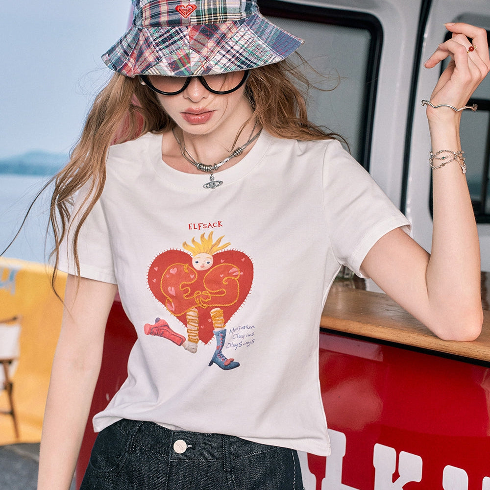 
                  
                    2024 Summer ELFSACK New Arrivals White printed straight shoulder casual versatile slim short-sleeved T-shirt for women
                  
                