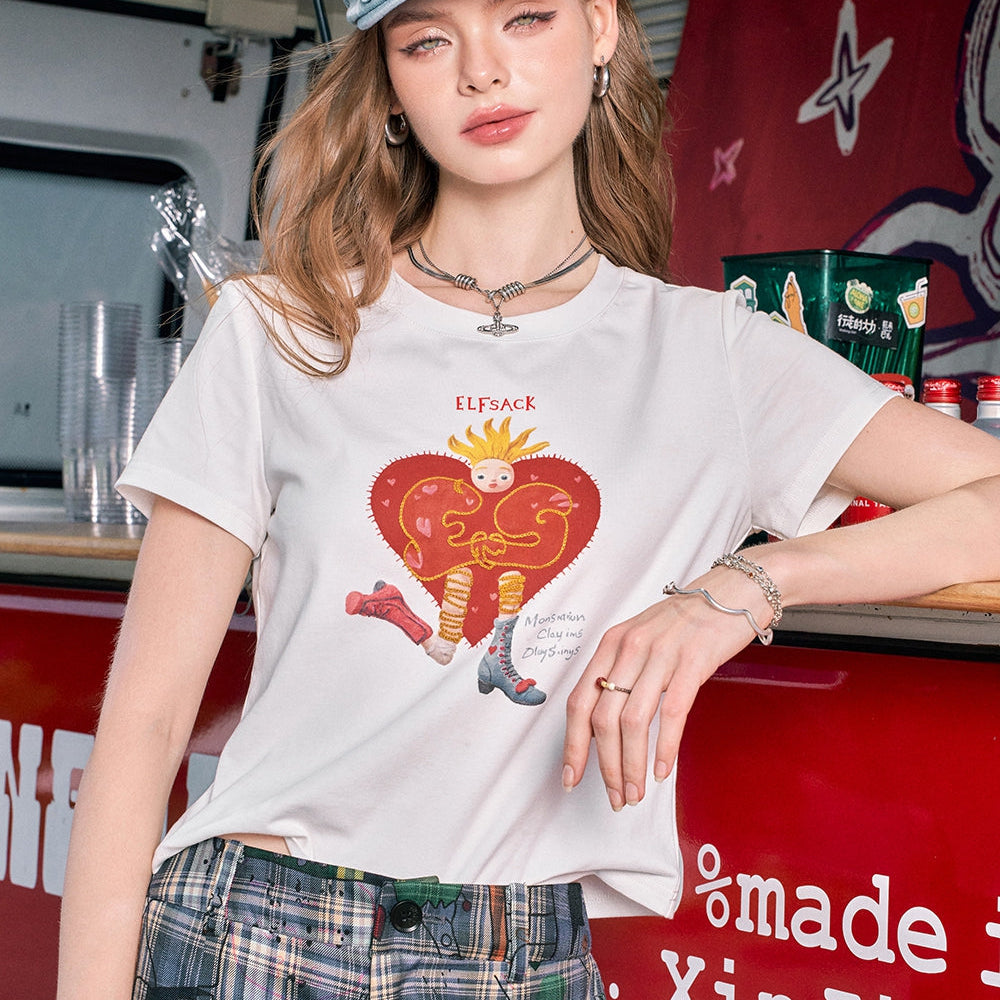 
                  
                    2024 Summer ELFSACK New Arrivals White printed straight shoulder casual versatile slim short-sleeved T-shirt for women
                  
                