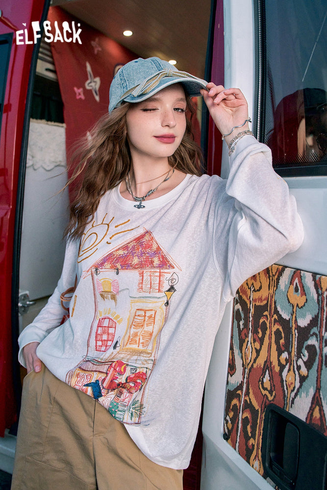 
                  
                    2024 Summer ELFSACK New Arrivals Lightweight and slightly transparent graphic print casual loose blouse white T-shirt for women
                  
                