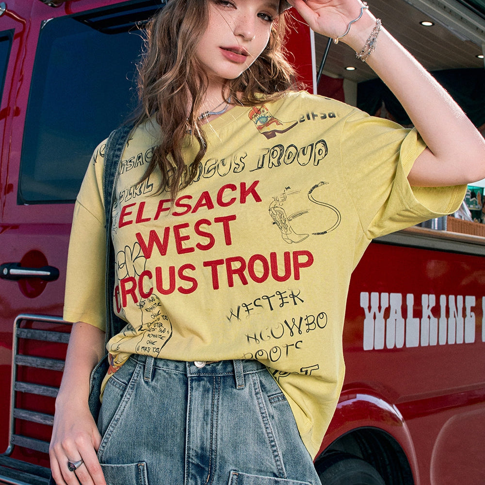 
                  
                    2024 Summer ELFSACK New Arrivals Gentle style yellow letter three-dimensional embroidery interesting graffiti slim short-sleeved T-shirt for women
                  
                