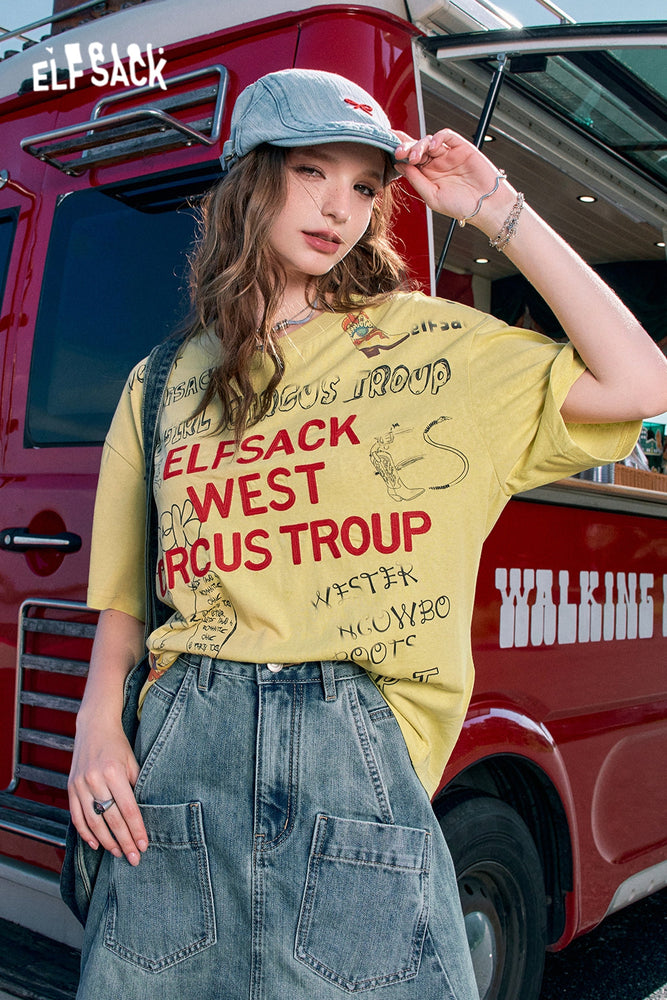 
                  
                    2024 Summer ELFSACK New Arrivals Gentle style yellow letter three-dimensional embroidery interesting graffiti slim short-sleeved T-shirt for women
                  
                