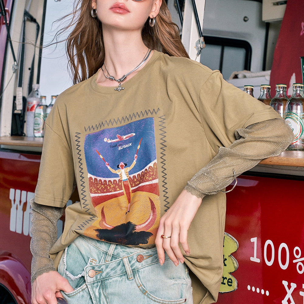 
                  
                    2024 Summer ELFSACK New Arrivals Coffee color loose bullfighting print shiny elastic mesh long sleeve American style T-shirt for women
                  
                