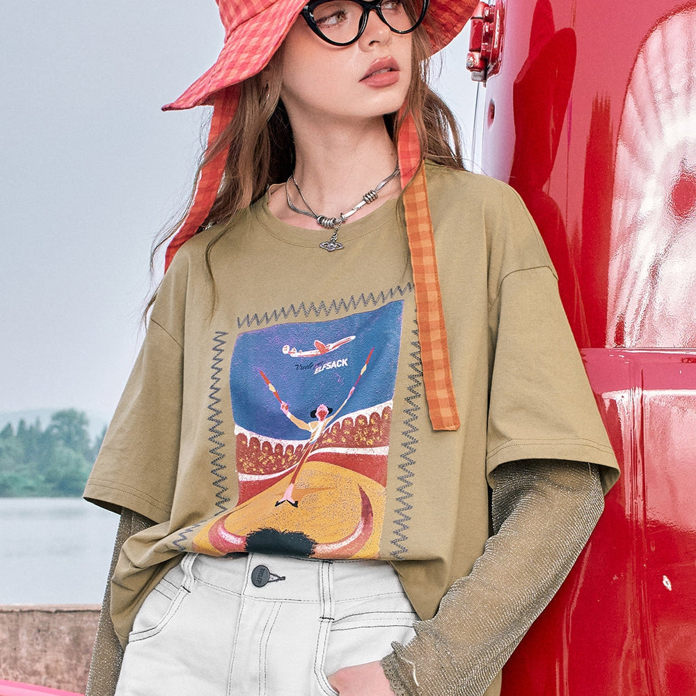 
                  
                    2024 Summer ELFSACK New Arrivals Coffee color loose bullfighting print shiny elastic mesh long sleeve American style T-shirt for women
                  
                