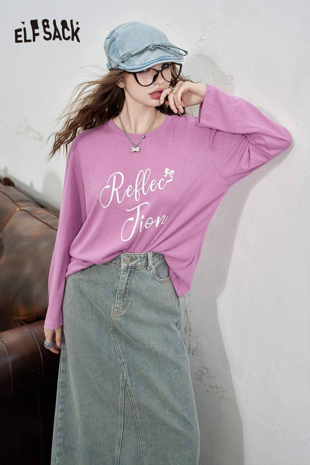 ELFSACK 2024 Summer New Arrivals Letter printed loose T-shirt for women Lazy casual hoodie with air conditioning