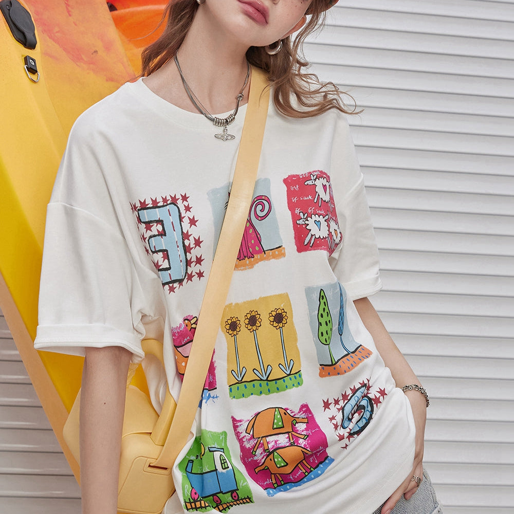 ELFSACK 2024 Summer New Arrivals White nine-square print cute casual versatile loose short-sleeved T-shirt for women