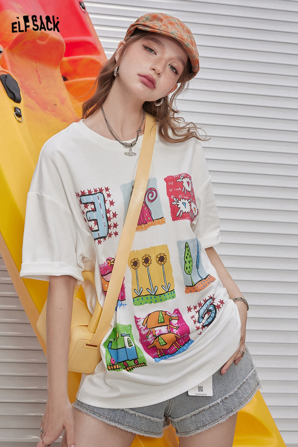 ELFSACK 2024 Summer New Arrivals White nine-square print cute casual versatile loose short-sleeved T-shirt for women