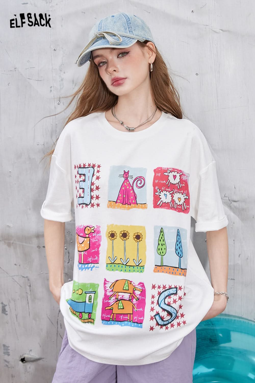 ELFSACK White nine-square print cute casual versatile loose short-sleeved T-shirt
