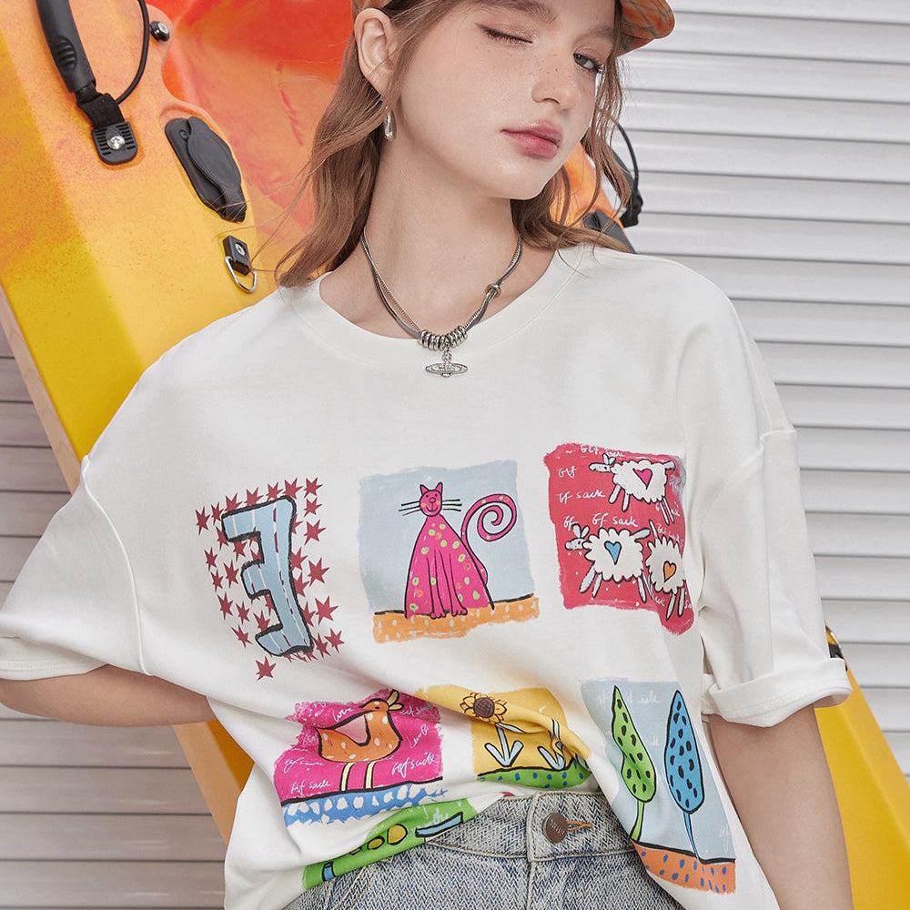 
                  
                    ELFSACK 2024 Summer New Arrivals White nine-square print cute casual versatile loose short-sleeved T-shirt for women
                  
                