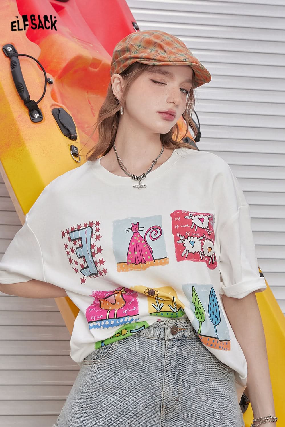 ELFSACK White nine-square print cute casual versatile loose short-sleeved T-shirt