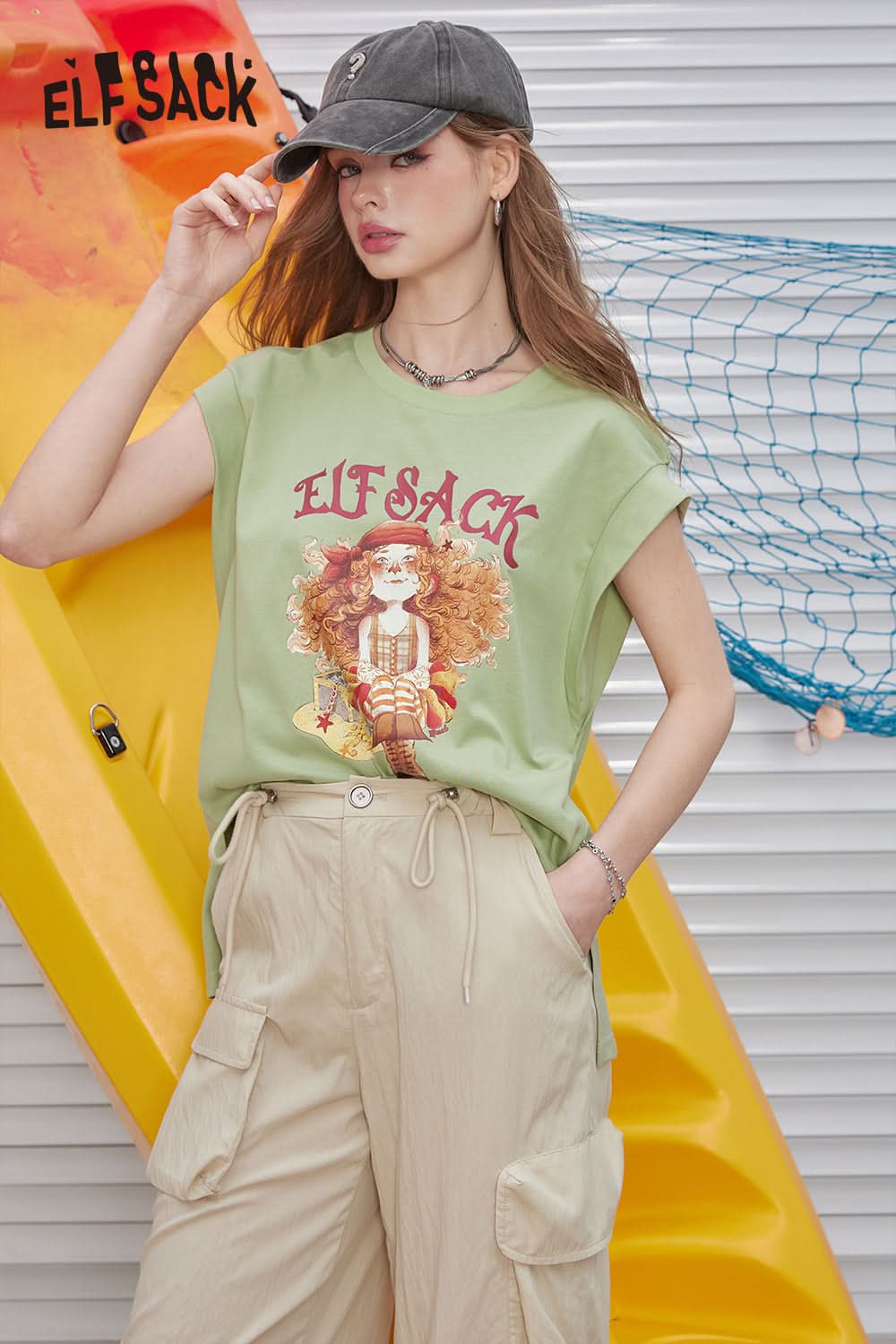 ELFSACK Printed sleeveless t-shirt's casual versatile and unique top