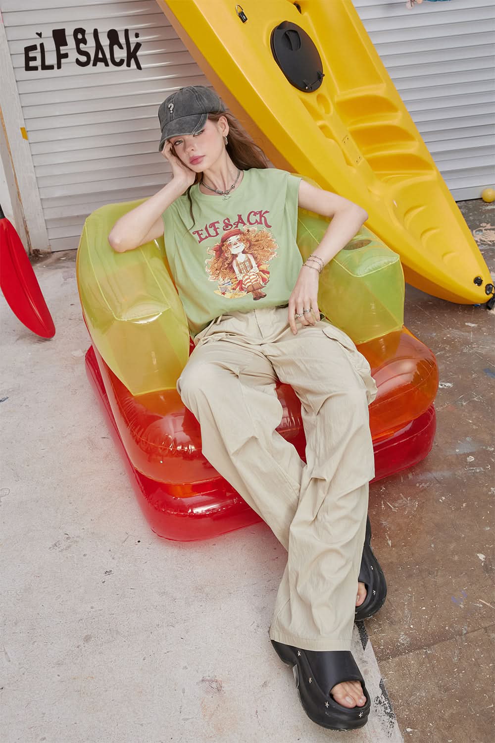 ELFSACK Printed sleeveless t-shirt's casual versatile and unique top