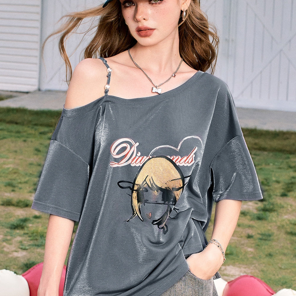 
                  
                    ELFSACK 2024 Summer New Arrivals Pearl off-shoulder sling sexy off-shoulder design versatile short-sleeved T-shirt for women
                  
                