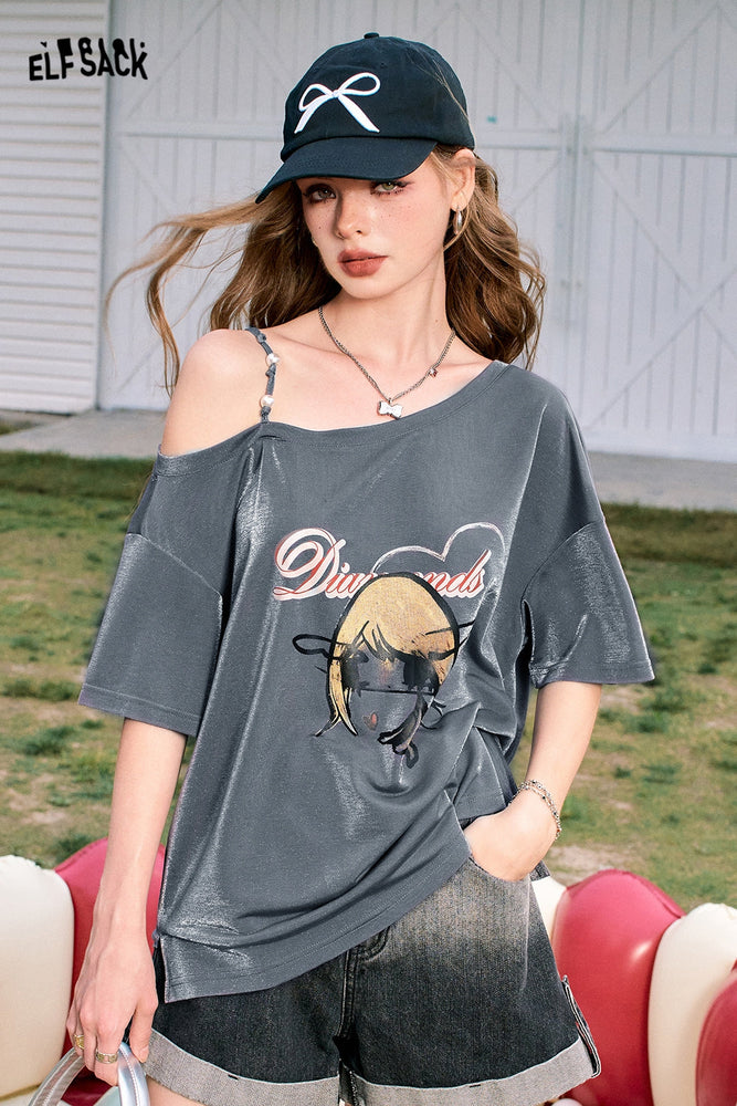 
                  
                    ELFSACK 2024 Summer New Arrivals Pearl off-shoulder sling sexy off-shoulder design versatile short-sleeved T-shirt for women
                  
                