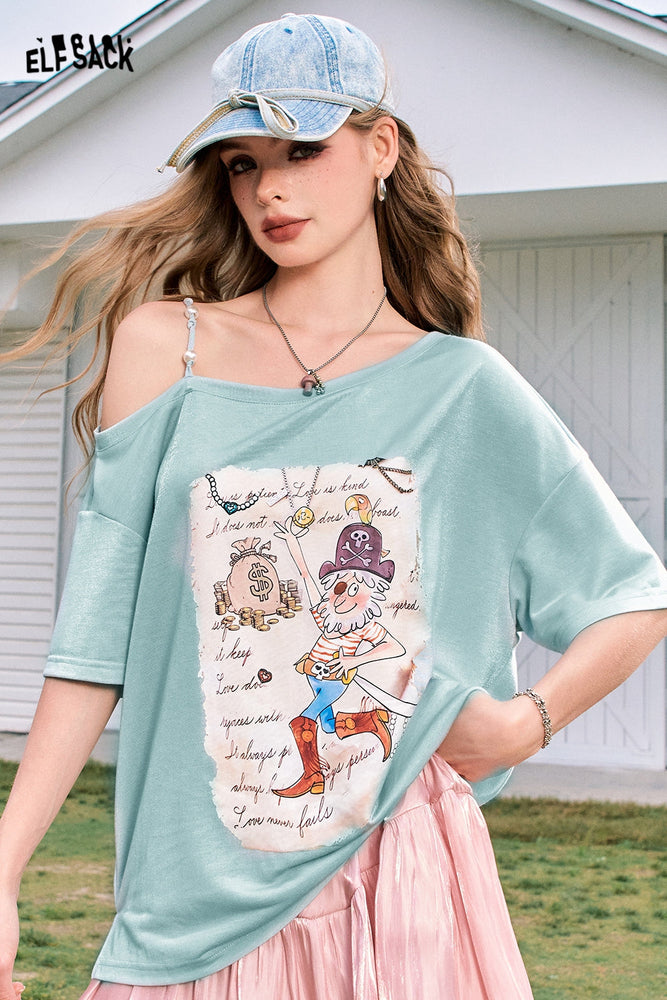 
                  
                    ELFSACK 2024 Summer New Arrivals Pearl off-shoulder sling sexy off-shoulder design versatile short-sleeved T-shirt for women
                  
                