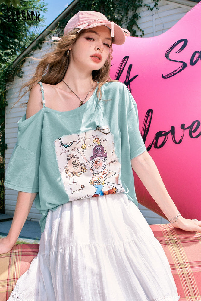 
                  
                    ELFSACK 2024 Summer New Arrivals Pearl off-shoulder sling sexy off-shoulder design versatile short-sleeved T-shirt for women
                  
                