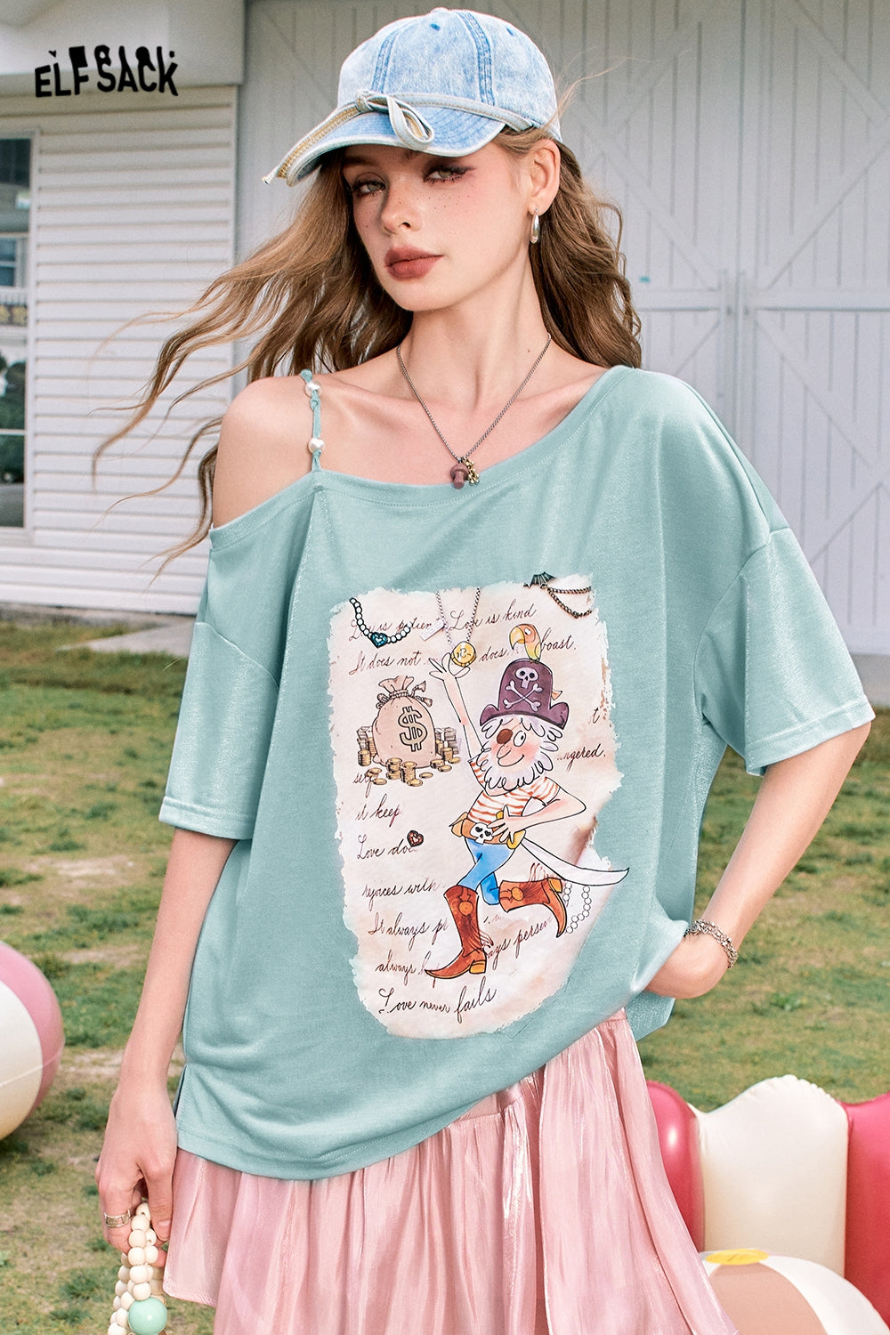 
                  
                    ELFSACK 2024 Summer New Arrivals Pearl off-shoulder sling sexy off-shoulder design versatile short-sleeved T-shirt for women
                  
                