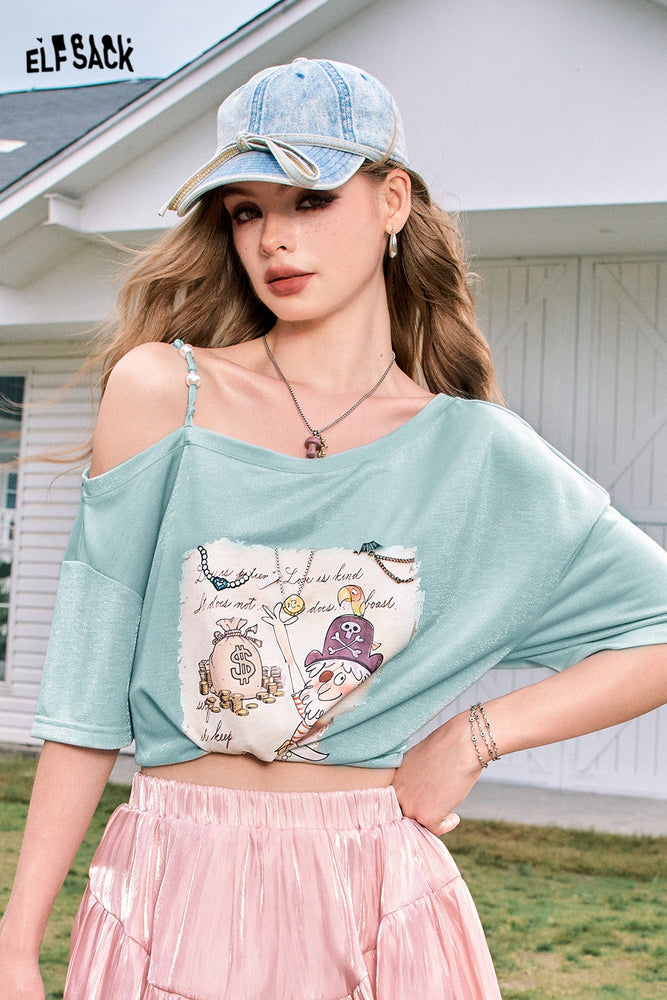 
                  
                    ELFSACK 2024 Summer New Arrivals Pearl off-shoulder sling sexy off-shoulder design versatile short-sleeved T-shirt for women
                  
                