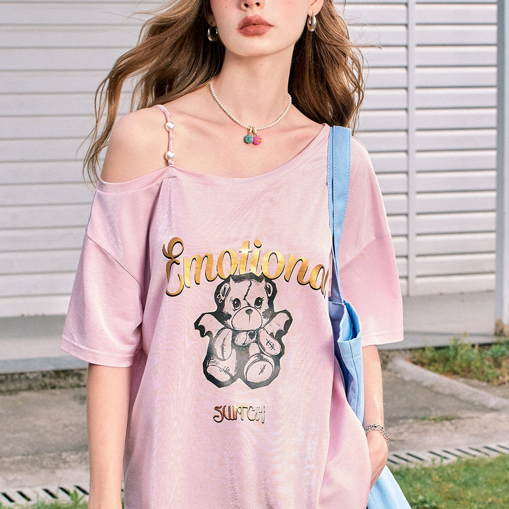 
                  
                    ELFSACK 2024 Summer New Arrivals Pearl off-shoulder sling sexy off-shoulder design versatile short-sleeved T-shirt for women
                  
                