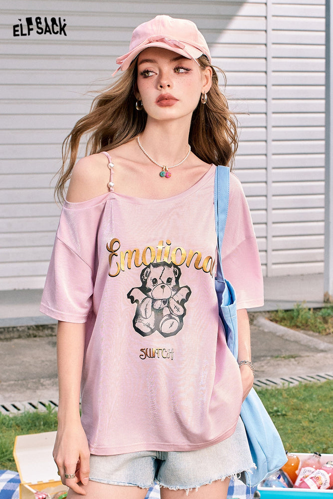 
                  
                    ELFSACK 2024 Summer New Arrivals Pearl off-shoulder sling sexy off-shoulder design versatile short-sleeved T-shirt for women
                  
                