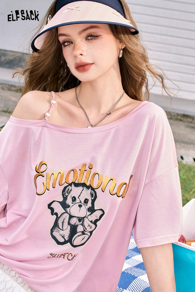 
                  
                    ELFSACK 2024 Summer New Arrivals Pearl off-shoulder sling sexy off-shoulder design versatile short-sleeved T-shirt for women
                  
                