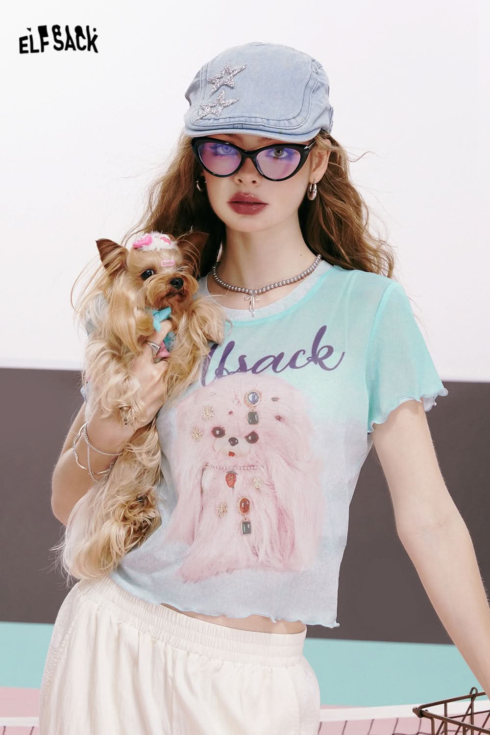 ELFSACK American sexy letter cartoon print ruffled slim fit straight shoulder short sleeve T-shirt