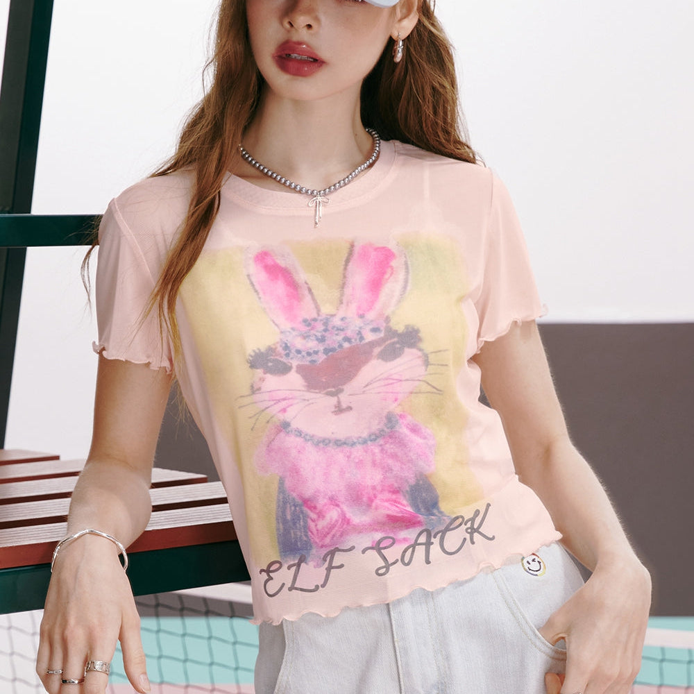 ELFSACK 2024 summer new arrival American sexy letter cartoon print ruffled slim fit straight shoulder short sleeve T-shirt for women