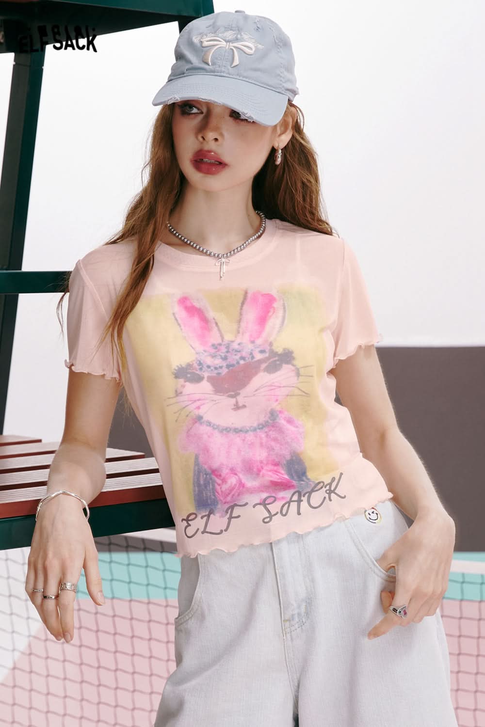 ELFSACK American sexy letter cartoon print ruffled slim fit straight shoulder short sleeve T-shirt