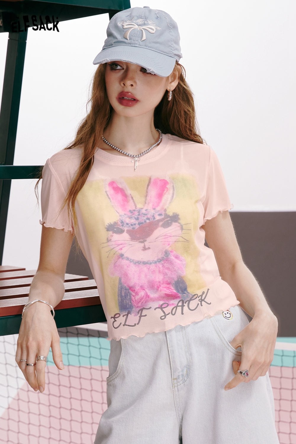 ELFSACK 2024 summer new arrival American sexy letter cartoon print ruffled slim fit straight shoulder short sleeve T-shirt for women