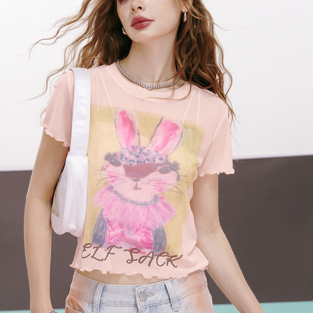 ELFSACK 2024 summer new arrival American sexy letter cartoon print ruffled slim fit straight shoulder short sleeve T-shirt for women