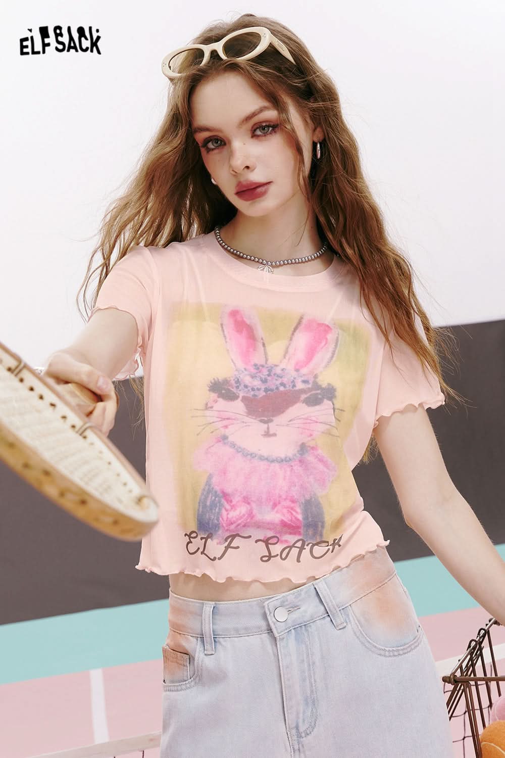 ELFSACK American sexy letter cartoon print ruffled slim fit straight shoulder short sleeve T-shirt