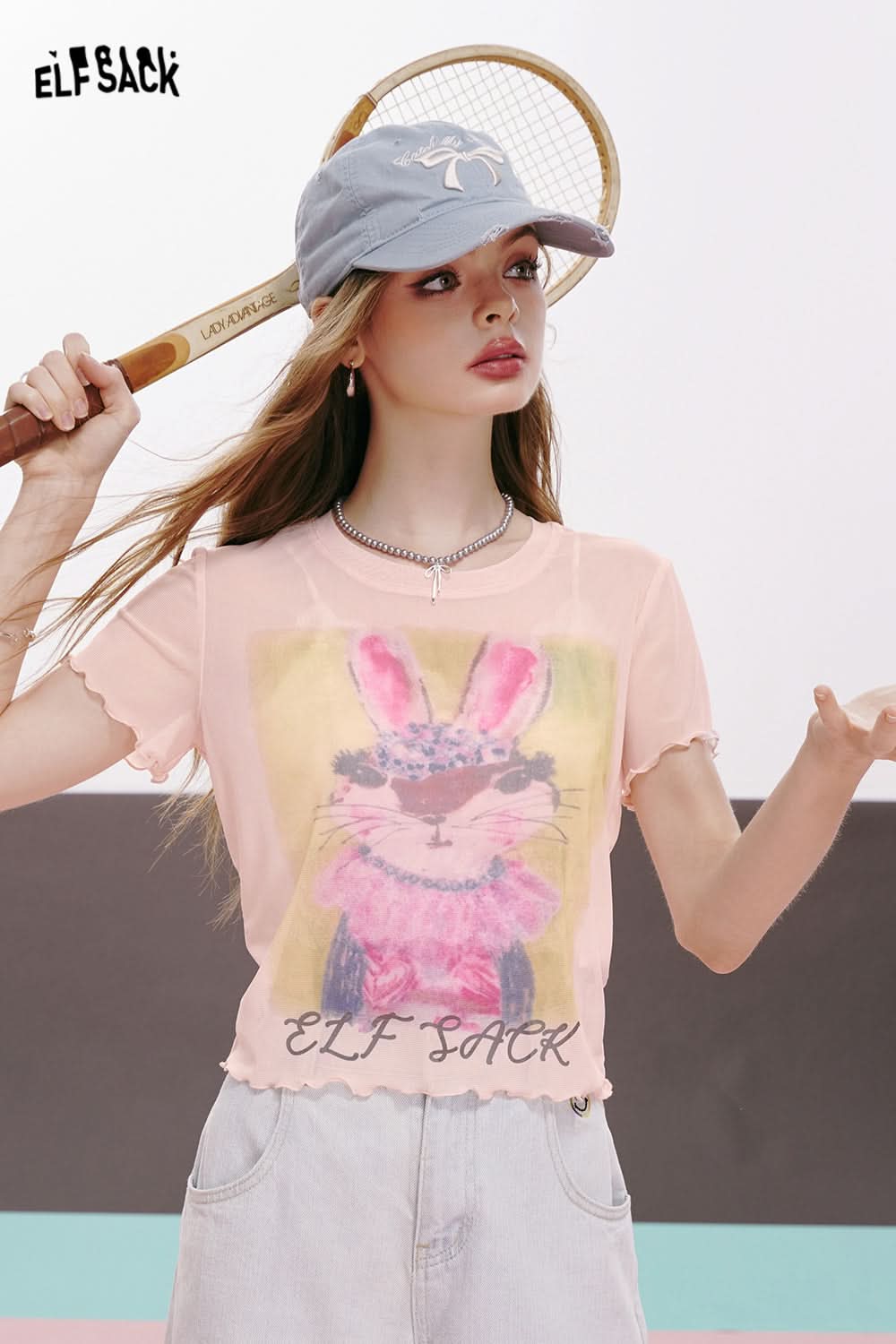 ELFSACK American sexy letter cartoon print ruffled slim fit straight shoulder short sleeve T-shirt