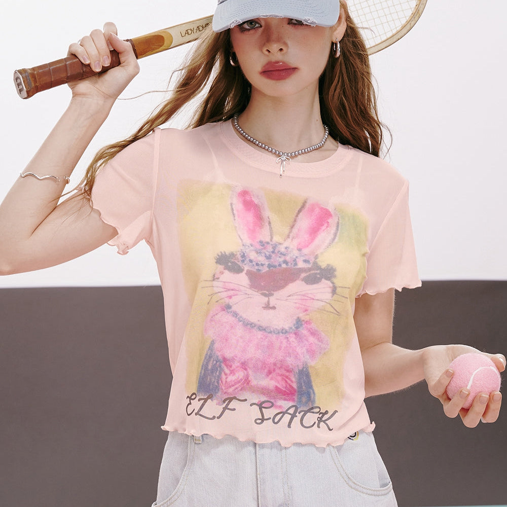 
                  
                    ELFSACK 2024 summer new arrival American sexy letter cartoon print ruffled slim fit straight shoulder short sleeve T-shirt for women
                  
                